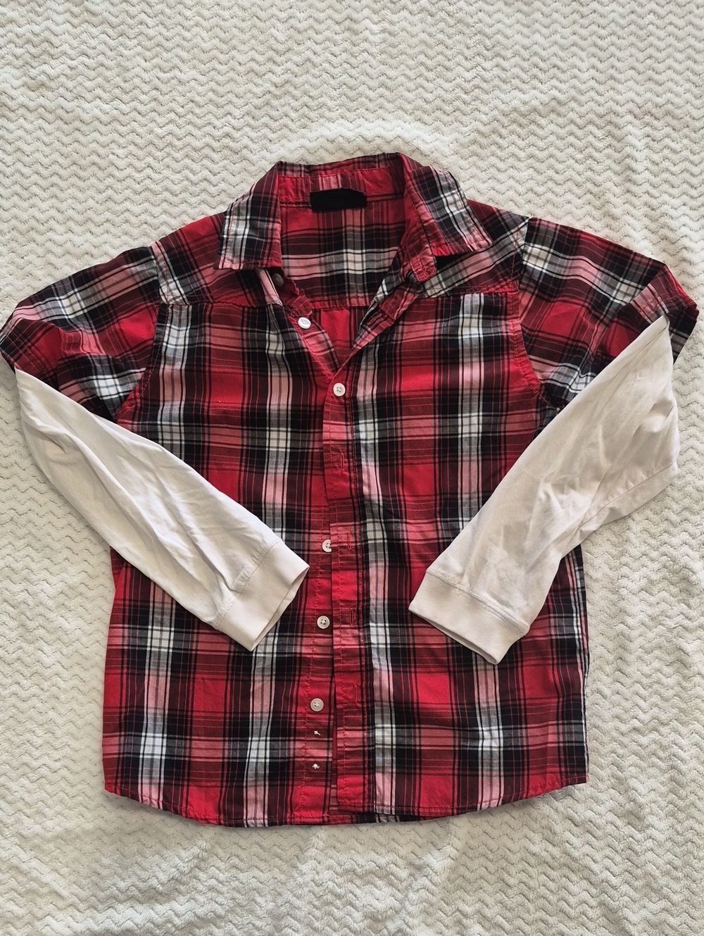 Kids Red Plaid Layered-Look Button-Down Shirt with Cream Sleeves